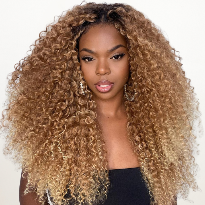 Dark Root Highlight Blonde 13*4 Lace Wigs  Deep Bouncy Curly Lace Front Wigs Human Hair Undetectable Clear Transparent