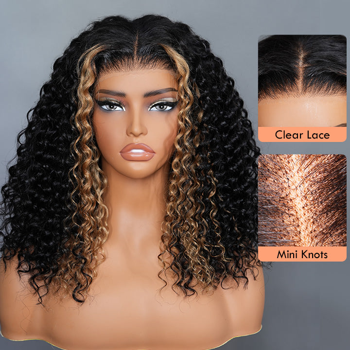 Put On and Go Glueless  Blonde Highlights on Luxurious Lace Frontal Deep Curly Wave Wig - Clear Transparent Lace Front/Closure Wig Same Price as Tiktok Flash Sale - Amanda Hair