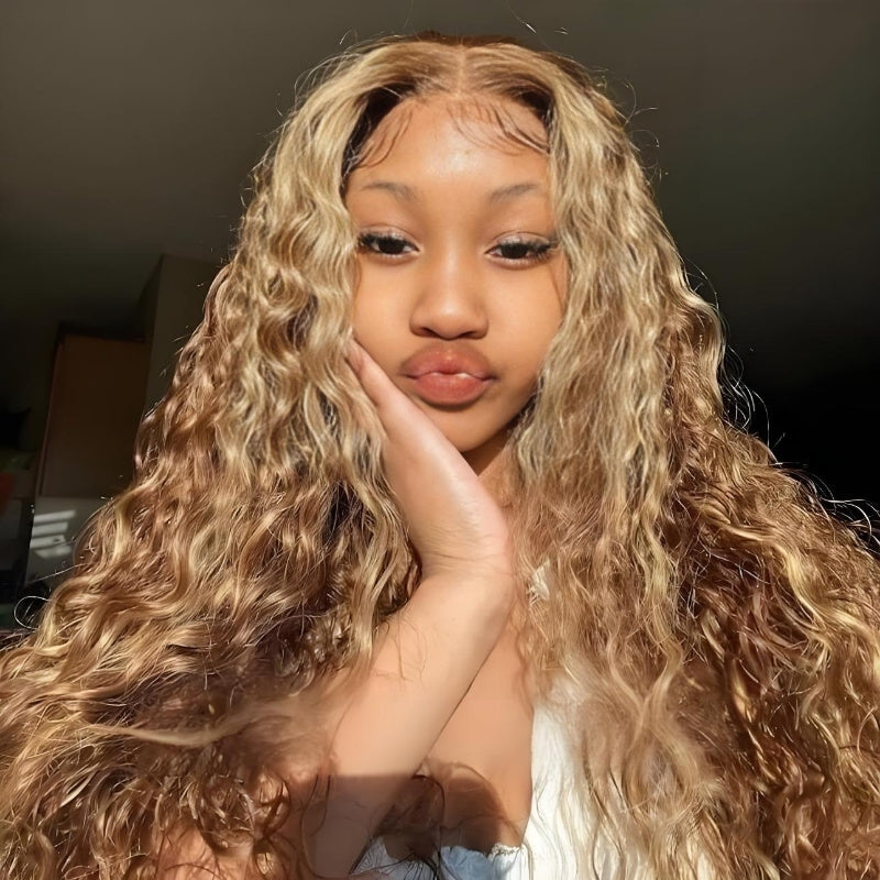 Glueless Honey Blonde Water Wave 13x4/13x6 Lace Front Highlighted Color Put On And Go Human Hair Wig - Amanda Hair