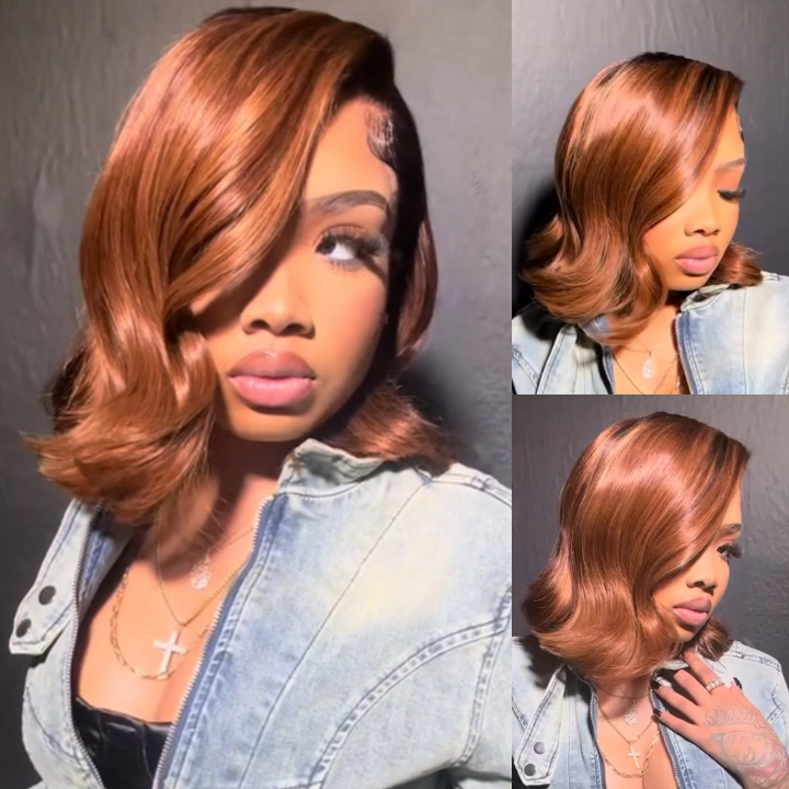 Dark Root Brown C Type Hairline Brazilian Straight Short Bob Wigs Transparent Lace Frontal Wig Pre Plucked Glueless Lace Wigs -Amanda Hair