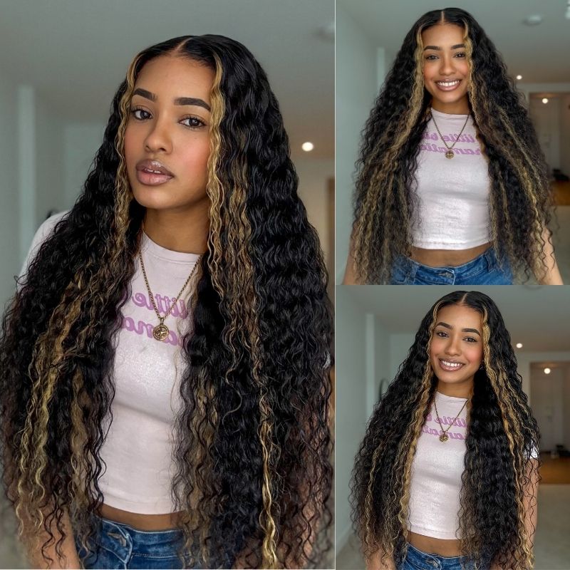 Mechas rubias sin pegamento en una lujosa peluca de ondas profundas y rizadas con encaje frontal - Peluca transparente con encaje frontal y cierre - Amanda Hair