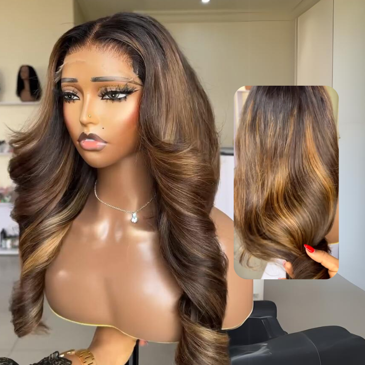 Highlight  Blonde Mix Brown Glueless Body Wave Human Hair Clear Transparent Lace Front Colored Wigs For Women-Amanda Hair