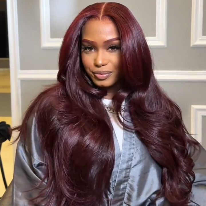 Glueless Lace Frontal Layer Body Wave Wig Human Hair Wigs Dark 99J Burgundy Red Colored Transparent Pre Plucked Hairline  - Amanda Hair