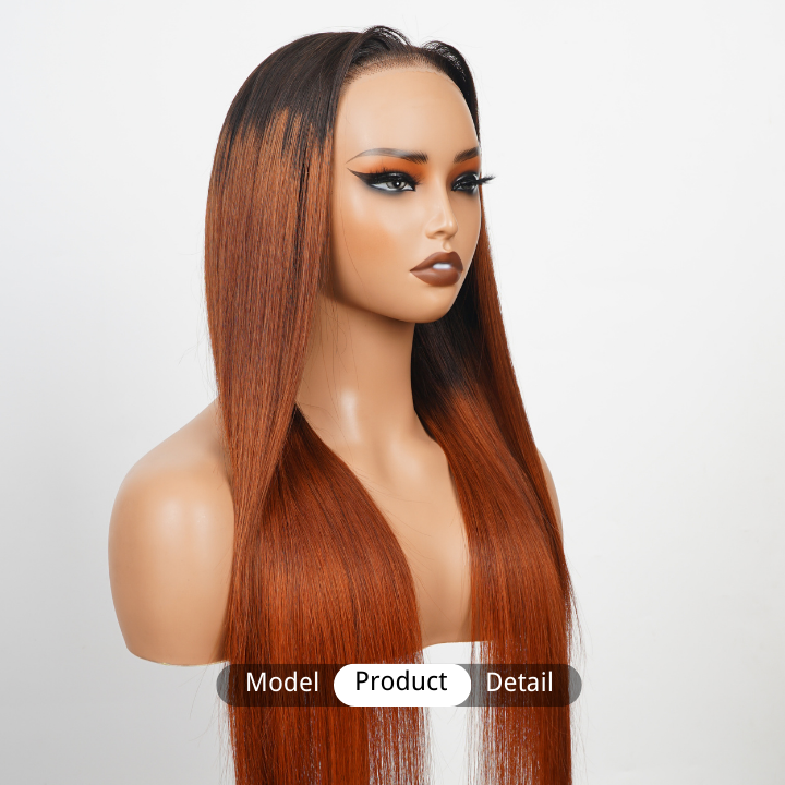 Dark Root Ombre Ginger Human Hair Transparent Glueless Lace Front Straight Colored Wigs-Amanda Hair