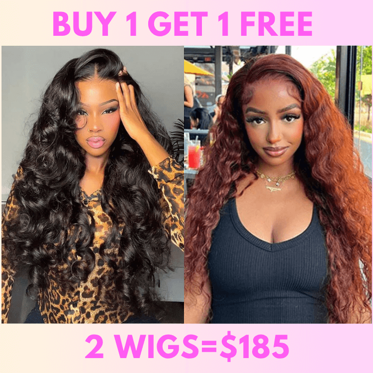 Bogo Flash Sale| Top-Selling Loose Wave Glueless 6x4 Lace Wig with Curtain Bangs + Long Water Wave Reddish Brown 7x5 Lace Wig
