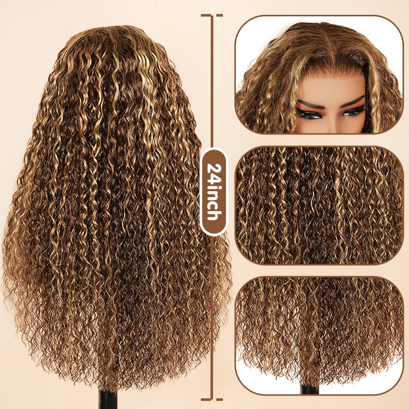 Glueless Honey Blonde Water Wave 13x4 Lace Front Highlighted Color Burmese Curly Put On And Go Human Hair Wig