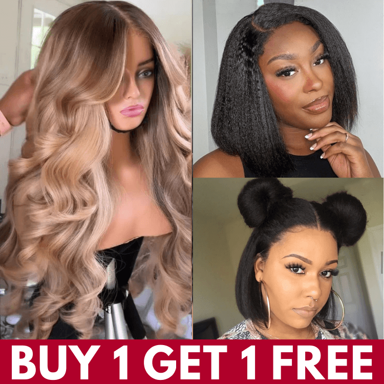 Glueless Highlight Brown Honey Blonde 3D Body Wave 6*4 Pre Cut Lace Closure Wig+Kinky Straight Bob 6*4 Lace Closure Wig Flash Sale