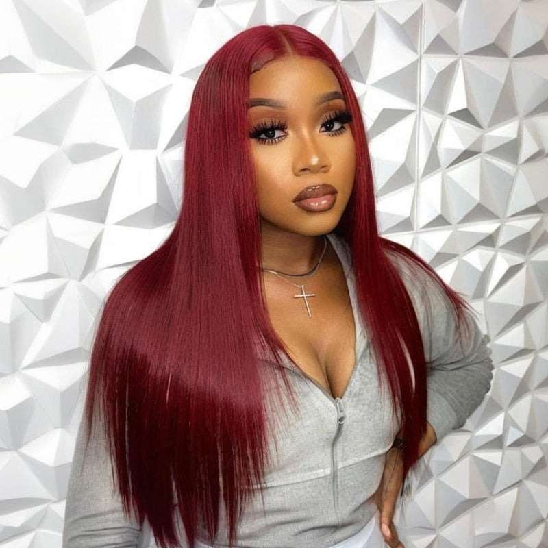 Straight Glueless 7x5 / 13x4 Lace Front Wig Pre Everything 99J Burgundy Red Colored Transparent Lace Human Hair Wigs- Amanda Hair