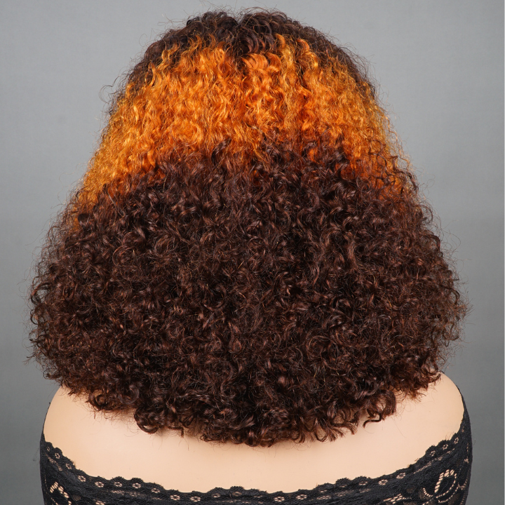 Glueless Auburn & Orange Highlight Curly Bob Hairstyle Wig,  100% Human Hair, Natural Look, Easy Install & Comfortable Wear for Black Women