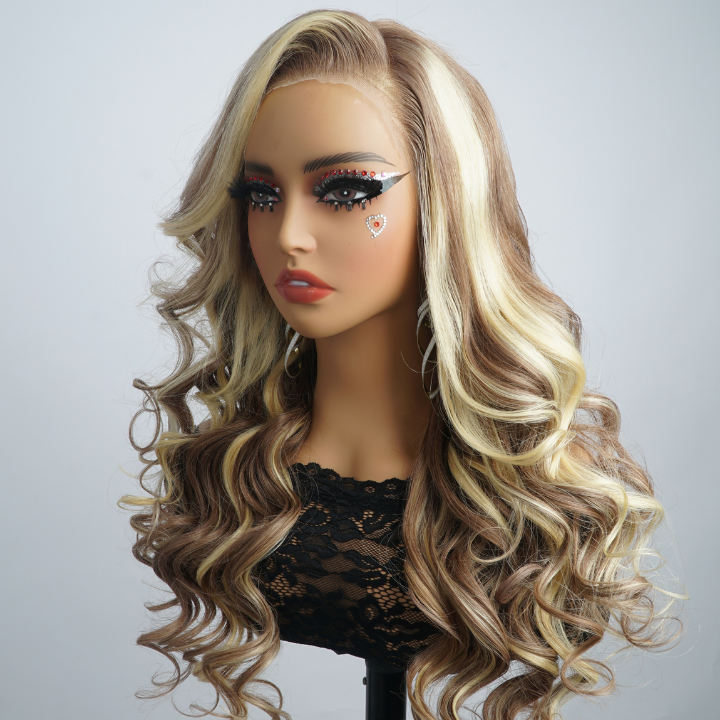 Glueless  Brown and Blonde Highlighted Loose Wave Lace Front Wig - Clear Transparent Lace Front/Closure Human Hair Wig- Amanda Hair