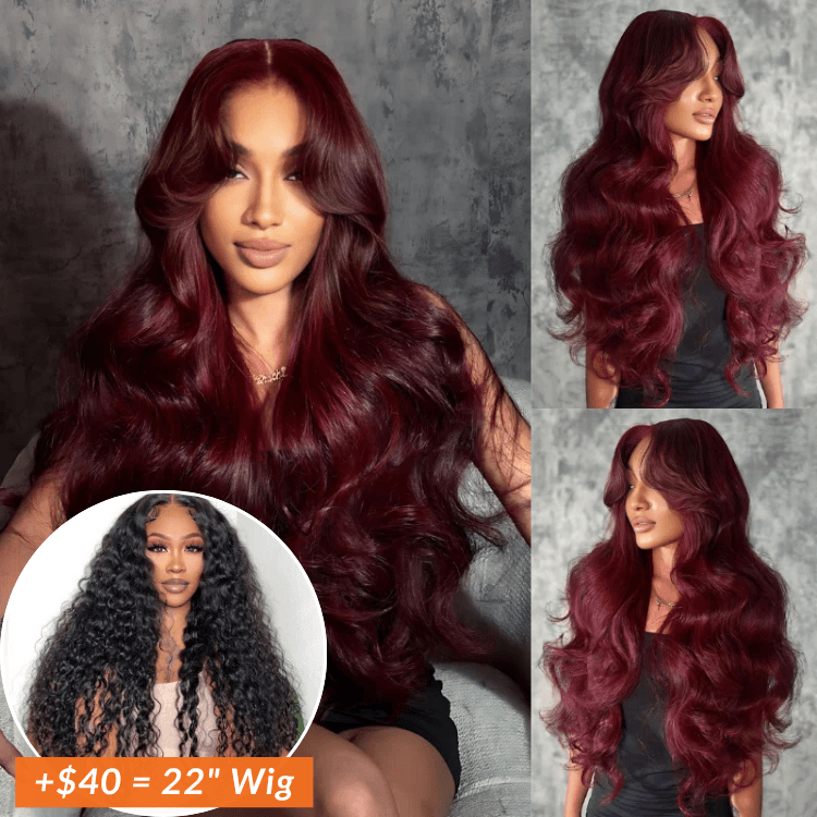 Add $40 for Extra 22" Wig|  Glueless Dark 99J Burgundy Body Wave 13x4 HD Transparent Lace Front Wigs Flash Sale