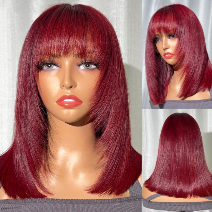 Glueless 99J Brazilian Straight Short Layer Bangs Bob Lace Wigs Transparent 13x4 Lace Pre Plucked Hairline  No Code Needed -Amanda Hair