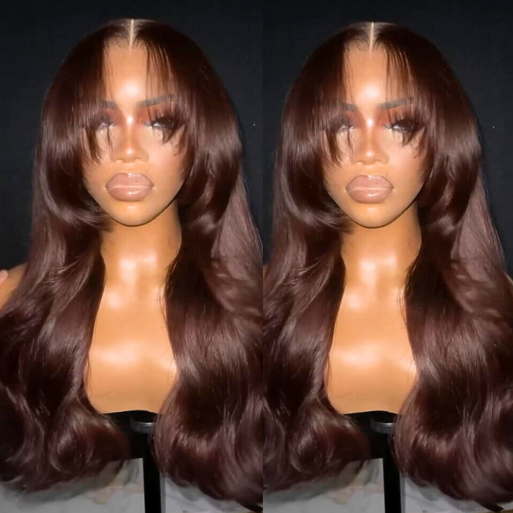 Dark Reddish Brown Glueless Body Wave Natural Curtain Bangs Hair Clear Transparent Lace Front Wigs For Women-Amanda Hair