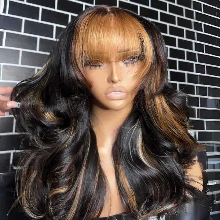 Human Hair Highlight Blonde Body Wave Lace Front Color Wigs with Bangs 1B/27-Amanda Hair