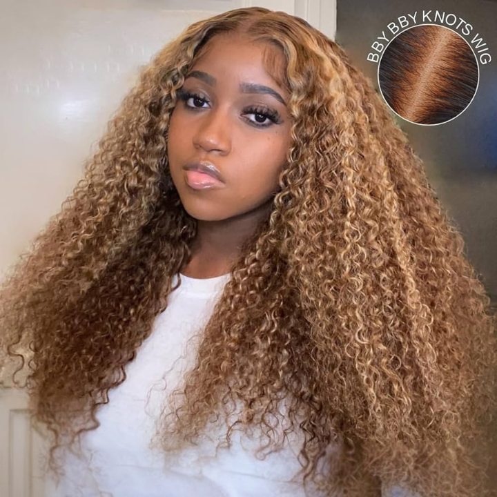 Honey Blonde Highlight Deep Curly Glueless Lace Human Hair Wigs Brown Roots Colored Wigs