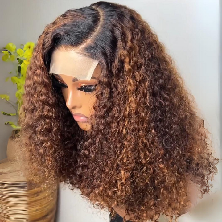 Glueless Curly 100% Human Hair Clear Transparent Lace Front Dark Root Brown Color Wigs For Women-Amanda Hair