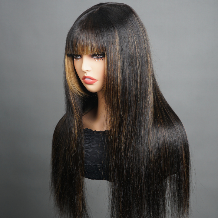 Highlight Blonde Layer Cut  Straight Glueless Clear Transparent Lace Frontal Wig with Bangs Human Hair - Amanda Hair