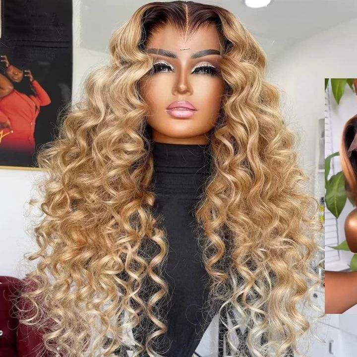 Glueless Ombre Honey Blonde Colored Loose Wave HD 7x5 Lace ClosureWig Transparent 13x4 Lace Front Human Hair Wigs Pre Plucked Bomb Wave Human Hair Wigs for Women Pre Plucked with Baby Hair