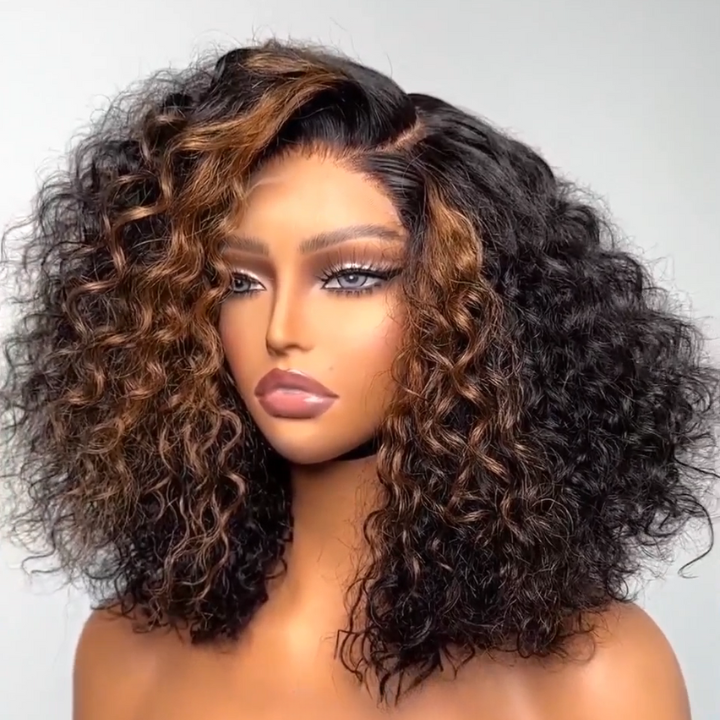 Highlight Curly Bob Lace Wig Brown with Black Ombre Color Wig Human Hair Pre Plucked-Amanda Hair