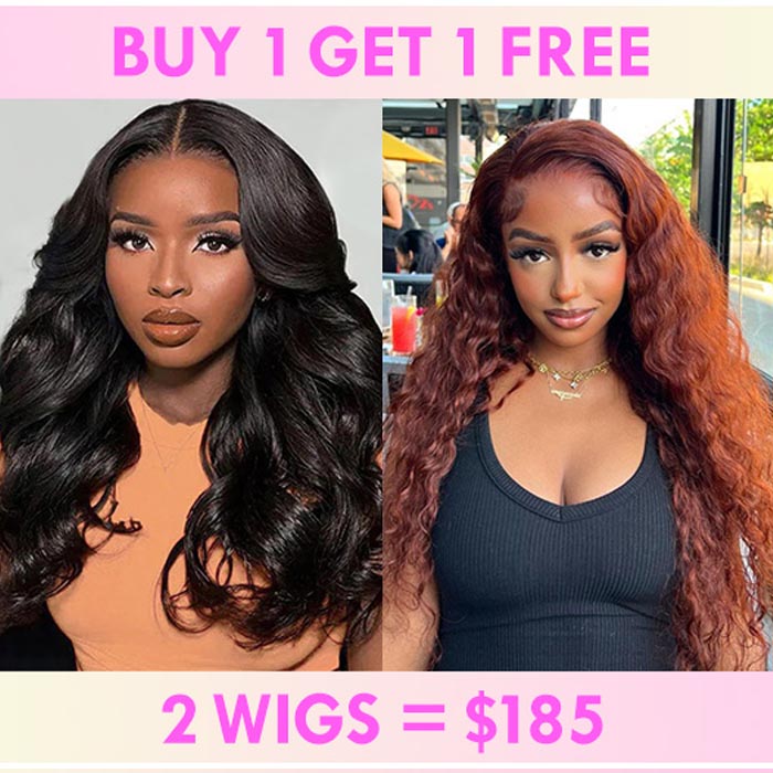 Bogo Flash Sale| Top-Selling Loose Wave Glueless 6x4 Lace Wig with Curtain Bangs + Long Water Wave Reddish Brown 7x5 Lace Wig