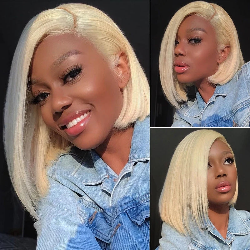 613 # Blonde Brésilienne Droite Court Bob Perruques 150% Densité Transparent Dentelle Frontale Perruque Pré Cueillie Sans Colle Dentelle Perruques-Amanda Cheveux