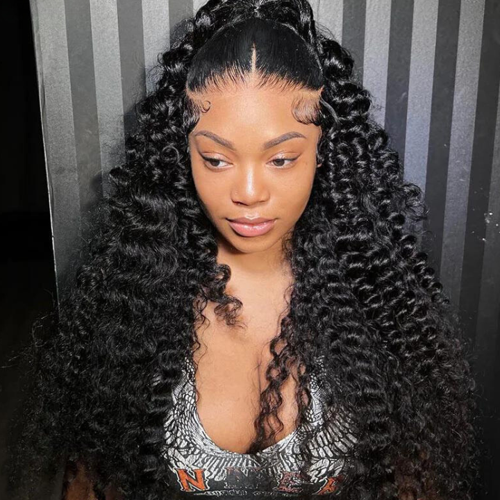 Glueless Deep Wave Human Hair Clear Transparent Lace Front/Closure Wig Natural Black  - Amanda Hair