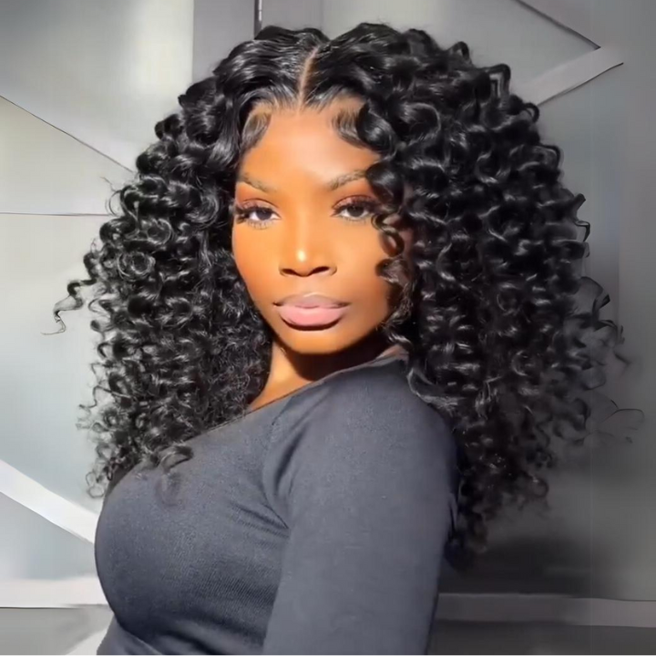 Super Bouncy Deep Curly Glueless Lace Wig Pre Cut Lace with Natural Hairline Mini Knots  Human Hair Clear Transparent Lace Front/Closure Wig Natural Black  - Amanda Hair