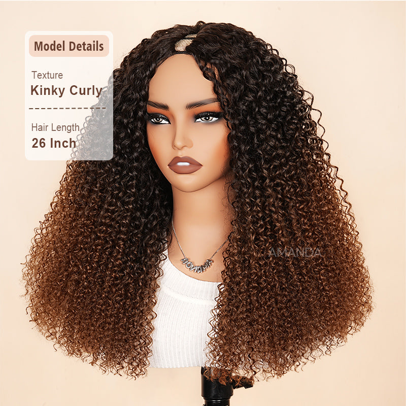 New V Part Wig Curly Chestnut Brown Ombre Color Glueless Human Hair Wig - Amanda Hair