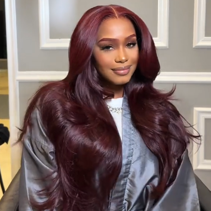 Glueless Lace Frontal Layer Body Wave Wig Human Hair Wigs Dark 99J Burgundy Red Colored Transparent Pre Plucked Hairline  - Amanda Hair