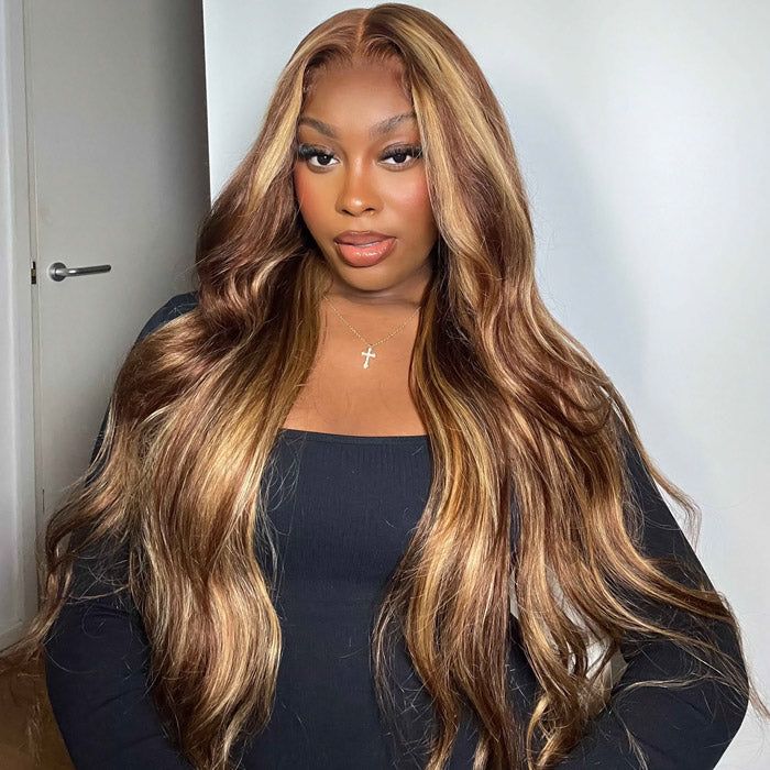 Highlihgt Honey Brown Glueless Straight/Body Wave Human Hair Clear Transparent Lace Front Colored Wigs For Women-Amanda Hair