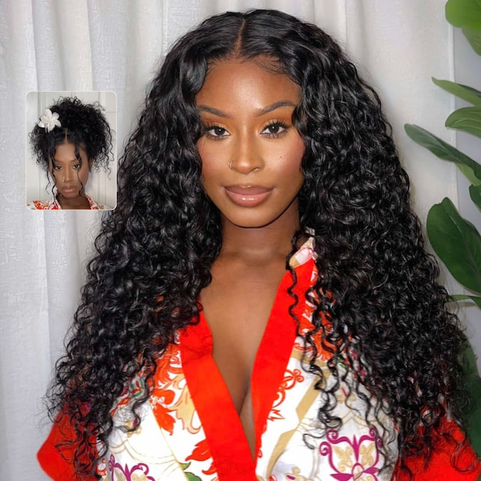 Glueless Water Wave & Curly Natural Black Bouncy 13x4 Lace Frontal Transprent Lace Wig Beginner Friendly
