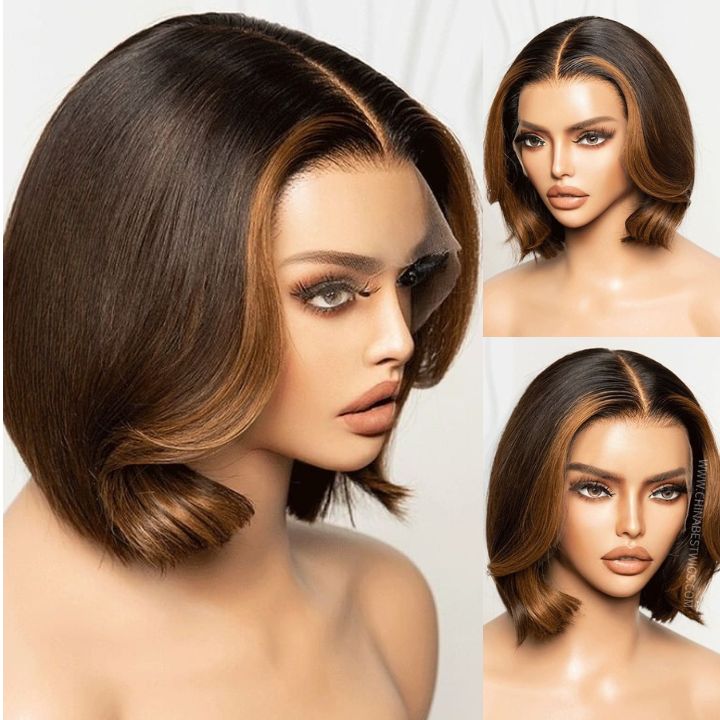 Highlight Dark Brown Short Bob Straight Wig 13*4/4*4 Brazilian Huaman Hair Lace Front Wigs-Amanda Hair