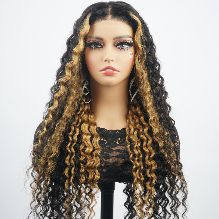 24H Fast Shipping Glueless Blonde Highlights on Luxurious Lace Frontal Deep Curly Wave Wig - Clear Transparent Lace Front/Closure Wig- Amanda Hair