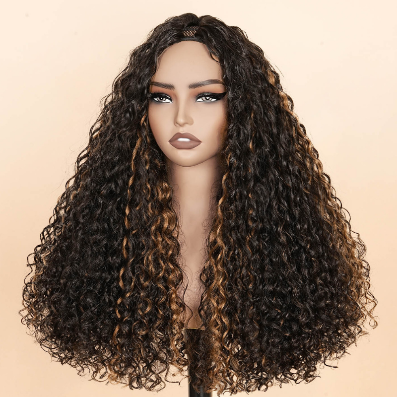 V Part Highlight Brown Water Wave Wig Handwoven Invisible Drawstring Glueless 100% Human Hair  Beginner Friendly Flash Sale-Amanda Hair