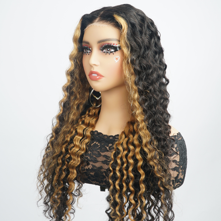 Blonde Highlights on Luxurious Glueless 7×5 Lace Closure Deep Curly Wave Wig Flash Sale