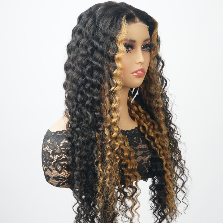 Blonde Highlights on Luxurious Glueless 7×5 Lace Closure Deep Curly Wave Wig Flash Sale