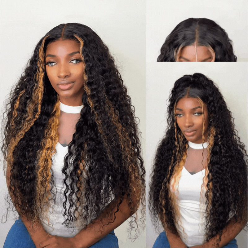 Mechas rubias sin pegamento en una lujosa peluca de ondas profundas y rizadas con encaje frontal - Peluca transparente con encaje frontal y cierre - Amanda Hair