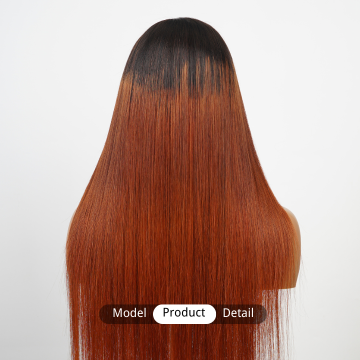 Dark Root Ombre Ginger Human Hair Transparent Glueless Lace Front Straight Colored Wigs-Amanda Hair