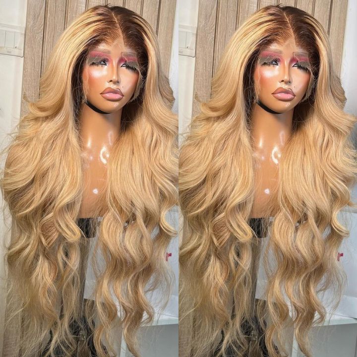 Loose Body Wave  Highlights  Honey Blonde Lace Front Wig Human Hair Dark Root  Pre Plucked Lace Colored Wig -AmandaHair