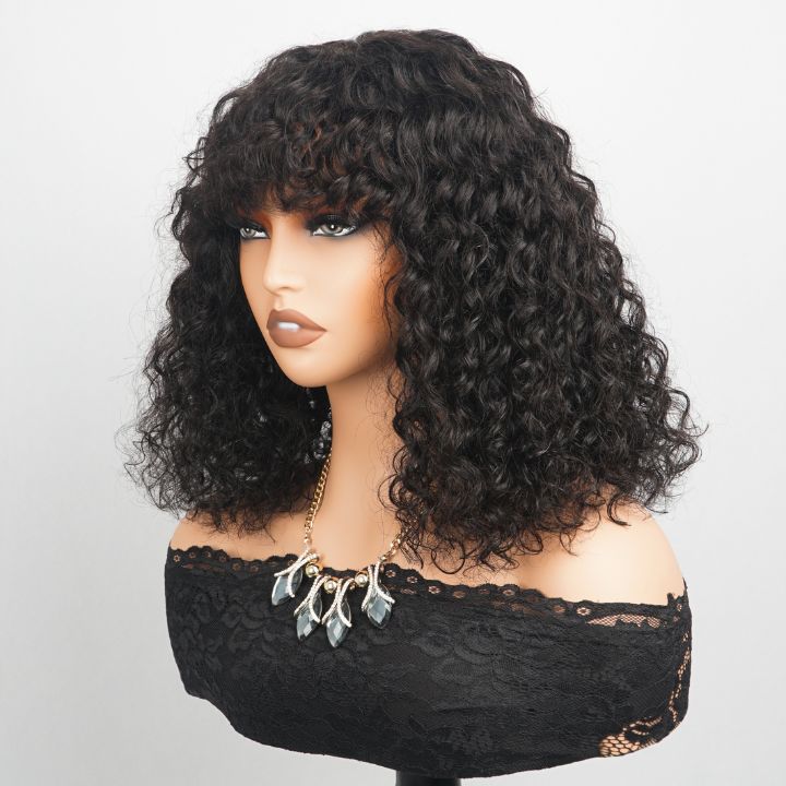 Sunshine Chic Fluffy Water Wave Clear Transparent Glueless  Lace Front Short Curly Wigs with Bangs For Women-Amanda Hair
