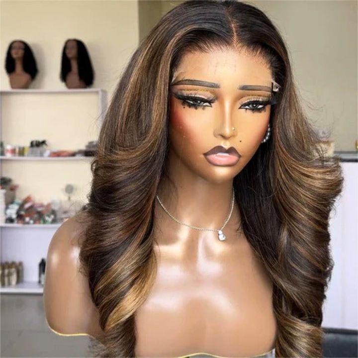 Highlight  Blonde Mix Brown Glueless Body Wave Human Hair Clear Transparent Lace Front Colored Wigs For Women-Amanda Hair