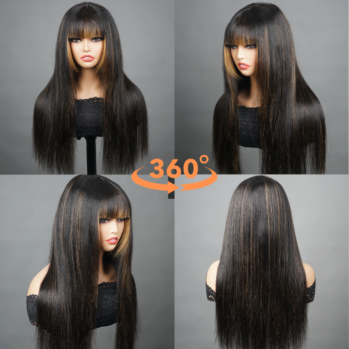 Highlight Blonde Layer Cut  Straight Glueless Clear Transparent Lace Frontal Wig with Bangs Human Hair - Amanda Hair