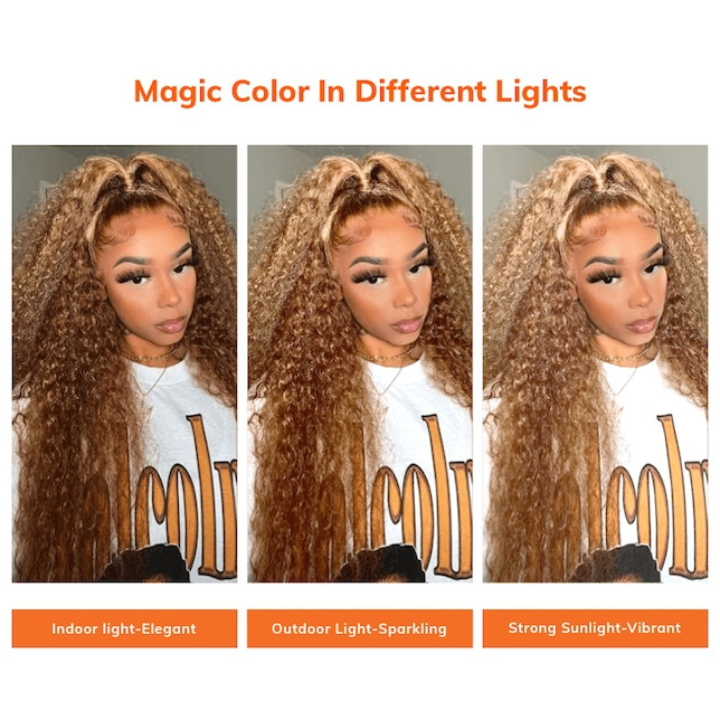 Honey Blonde Highlight Deep Curly Glueless Lace Human Hair Wigs Brown Roots Colored Wigs