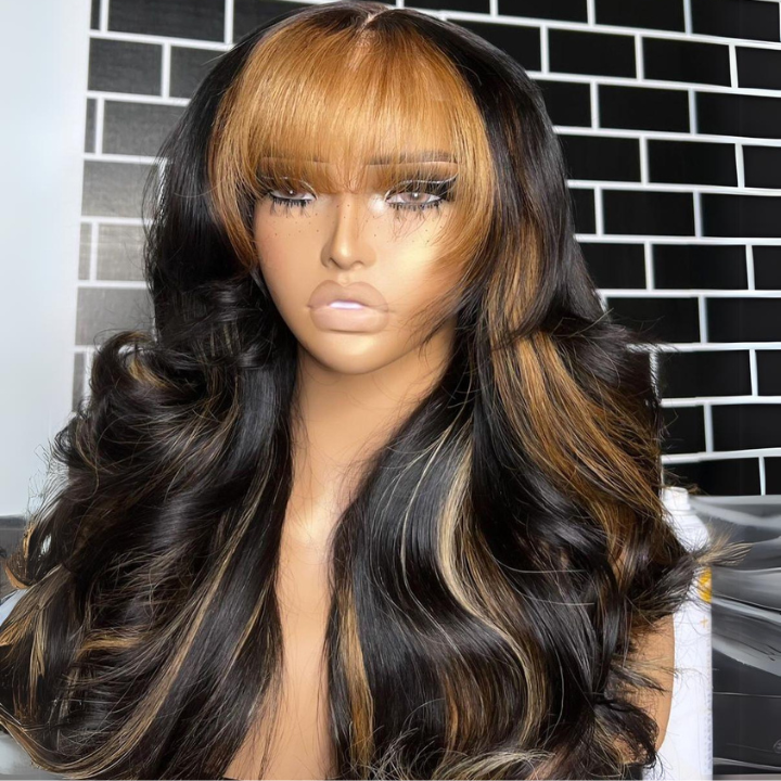 Human Hair Highlight Blonde Body Wave Lace Front Color Wigs with Bangs 1B/27-Amanda Hair