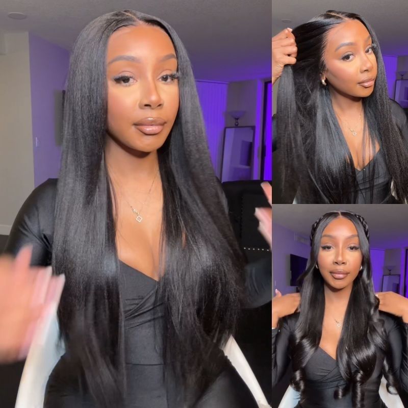 Yaki Straight 7x5 Glueless Lace Natural Black Color Put On and Go Invisi Drawstring Human Hair Wigs- Amanda Hair