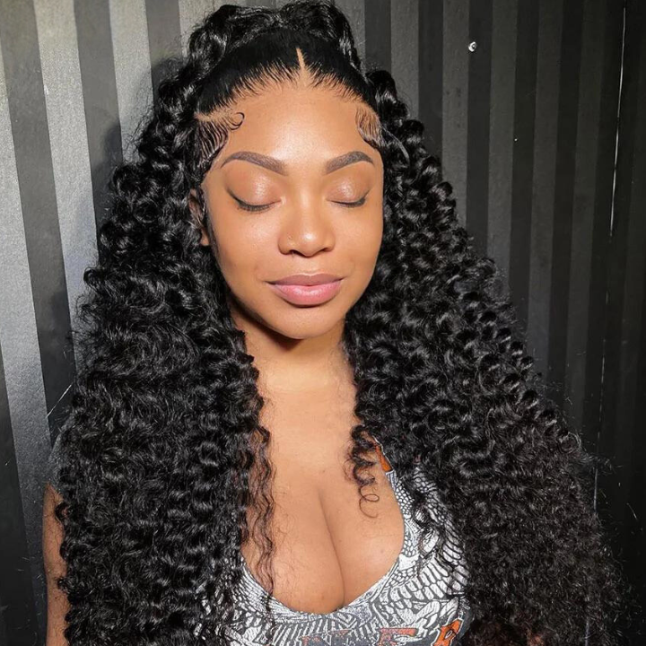 Glueless Deep Wave Human Hair Clear Transparent Lace Front/Closure Wig Natural Black  - Amanda Hair