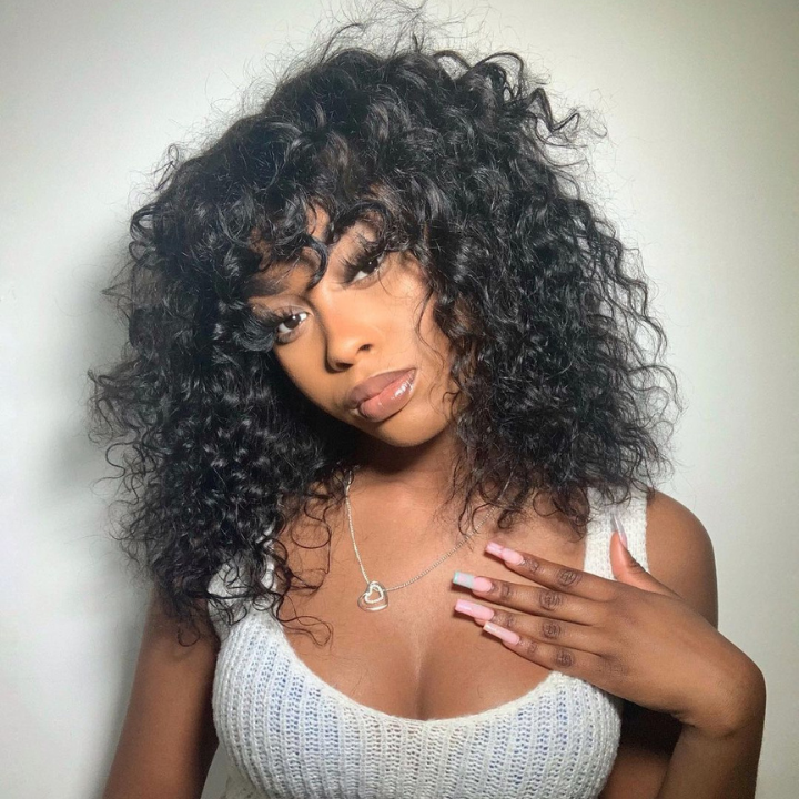 Sunshine Chic Fluffy Water Wave Clear Transparent Glueless  Lace Front Short Curly Wigs with Bangs For Women-Amanda Hair