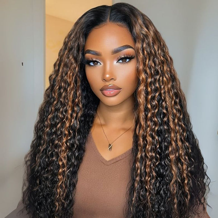 V Part Highlight Brown Water Wave Wig Handwoven Invisible Drawstring Glueless 100% Human Hair  Beginner Friendly Flash Sale-Amanda Hair