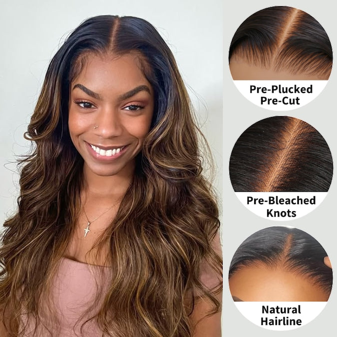 Extra 50% Off | Put On & Go Glueless 3D Body Wave Highlight Balayage Brown Invisible Drawstring 7*5/13*4 Lace Front Wig
