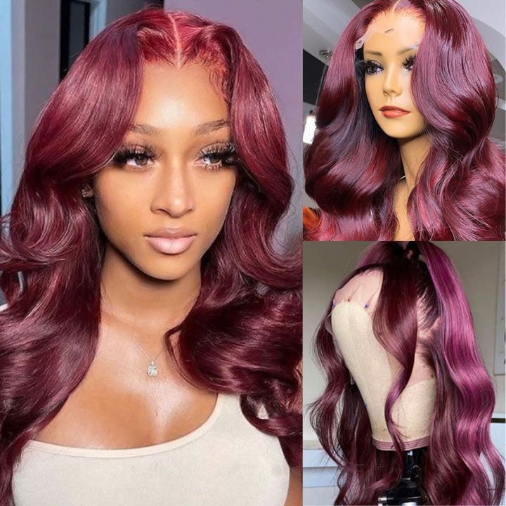Burgundy Wigs Body Wave 13x4 Lace Front Wigs 99J Colored Wigs 4x4 HD Transparent lace closure Wigs-Amanda Hair